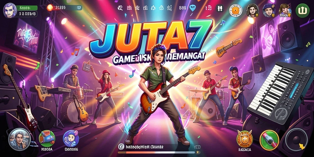 Screenshot JUTA7 menampilkan gameplay interaktif dengan berbagai lagu.