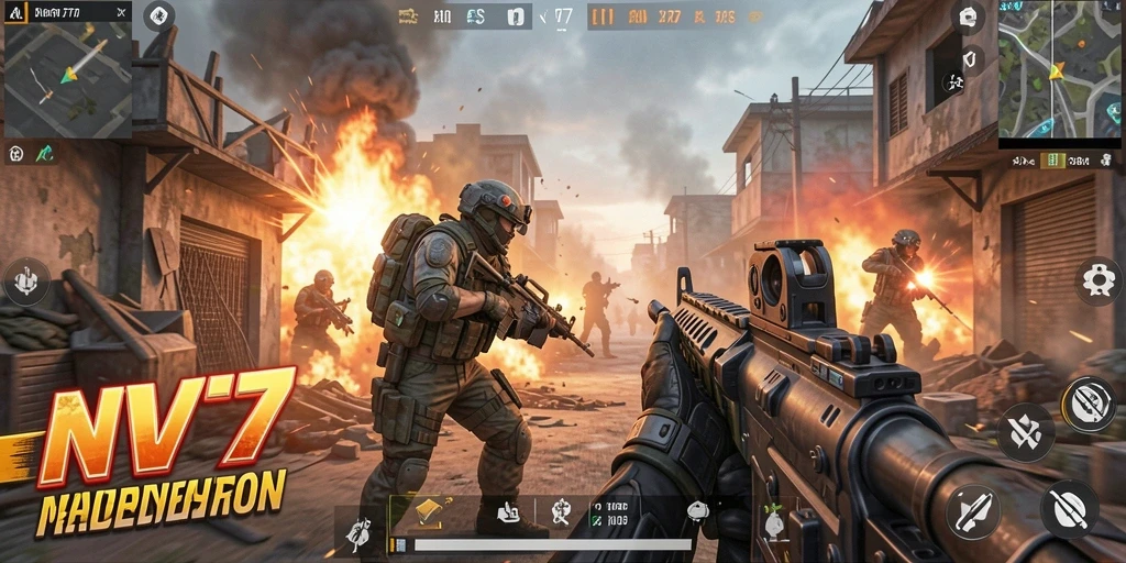 Screenshot NV77 menampilkan aksi pertempuran intens dalam game FPS.