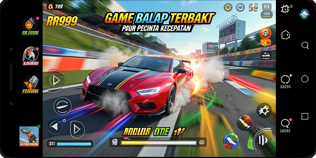 Tampilan gameplay seru dengan mobil balap di lintasan.
